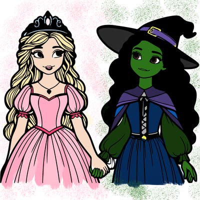 a princess and a witch holding hands realistic