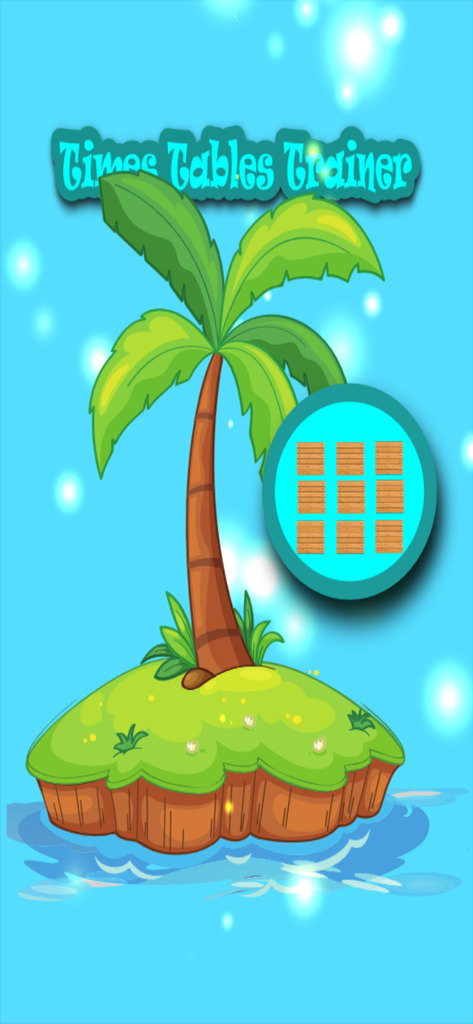Times Tables Math Trainer UN - Times Tables Math Trainer app home screen featuring a tropical island with a palm tree and start menu