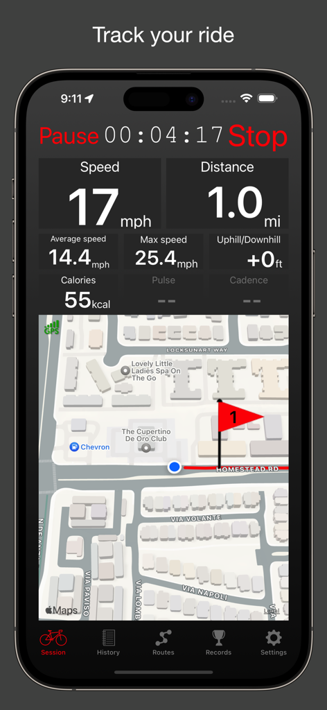 Fitmeter Bike - GPS Cycling - Fitmeter Bike app interface displaying live cycling metrics like speed and distance with a GPS map