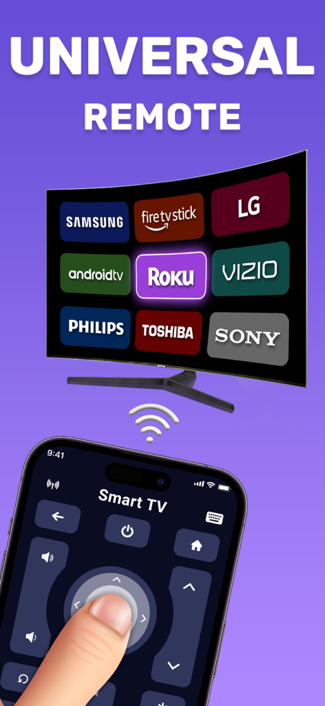 Universal TV Remote® - iPhone-Oberfläche der Universal TV Remote App, die die Kompatibilität mit wichtigen TV-Marken wie Samsung, LG und Roku über WLAN zeigt