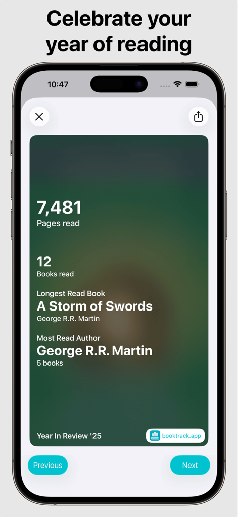Book Tracker: Bookshelf log - Annual reading statistics summary in the Book Tracker app on an iPhone showing total pages and books read