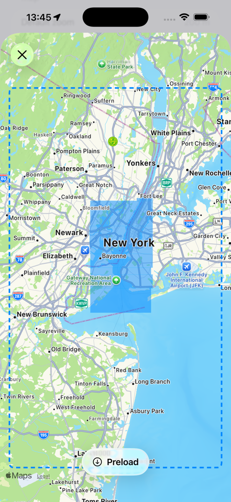 Toilets near you app showing a map selection of New York with a button to preload data.