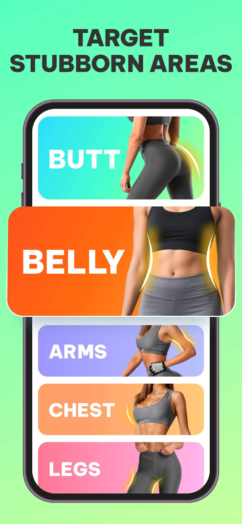 A smartphone screen displaying the Dancefitme app interface for targeting stubborn body areas including butt belly and legs
