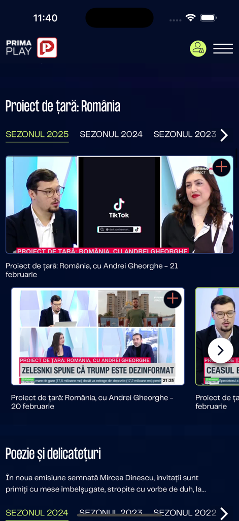 Prima Play - Interface of the Prima Play app showing Romanian news and talk shows