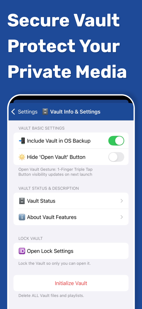 Secure Vault interface in Mugen Player app showing privacy and lock settings for private media.
