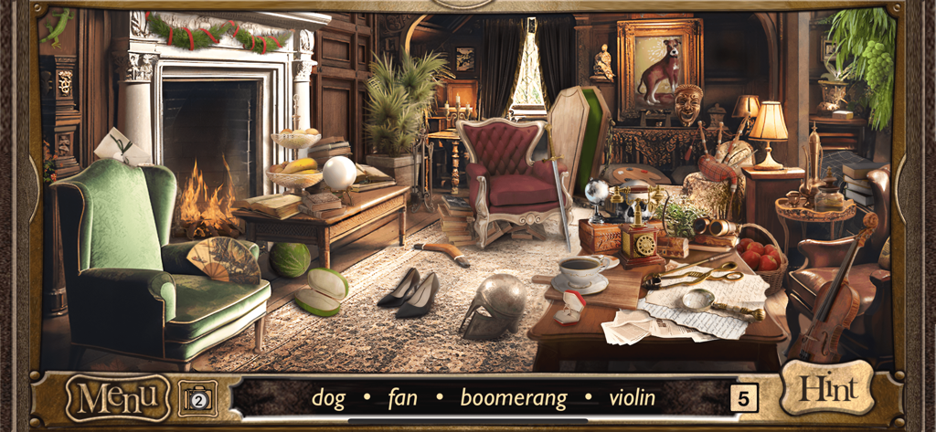 Hidden Objects Sherlock Holmes - A Victorian-style hidden object scene in Sherlock Holmes game with antiques and clues to find.