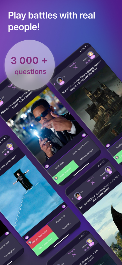 Cinema Quiz: films & actors - Multiple iPhone screens displaying the Cinema Quiz movie trivia interface and battle mode with questions about famous films.