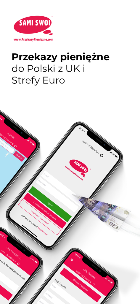 Benutzeroberfläche der Sami Swoi Mobile App für Geldüberweisungen von Großbritannien nach Polen