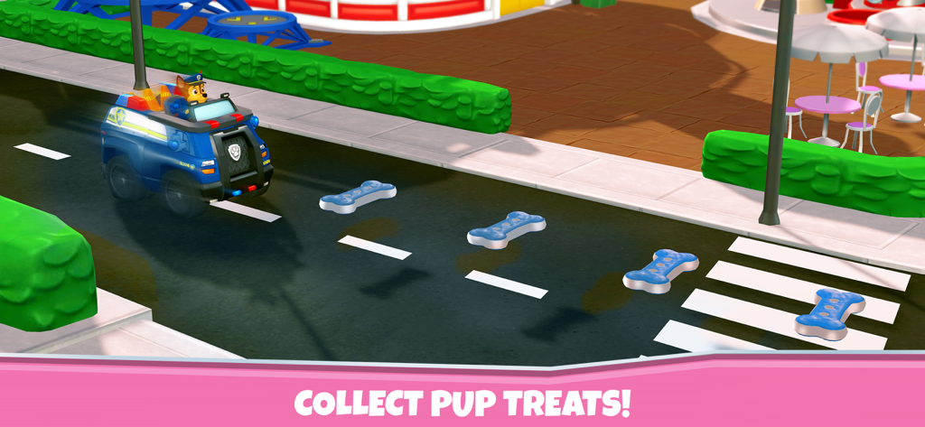 PAW Patrol Rescue World - Chase da Patrulha Canina dirigindo seu carro de polícia em Baía da Aventura para coletar petiscos azuis em forma de osso.