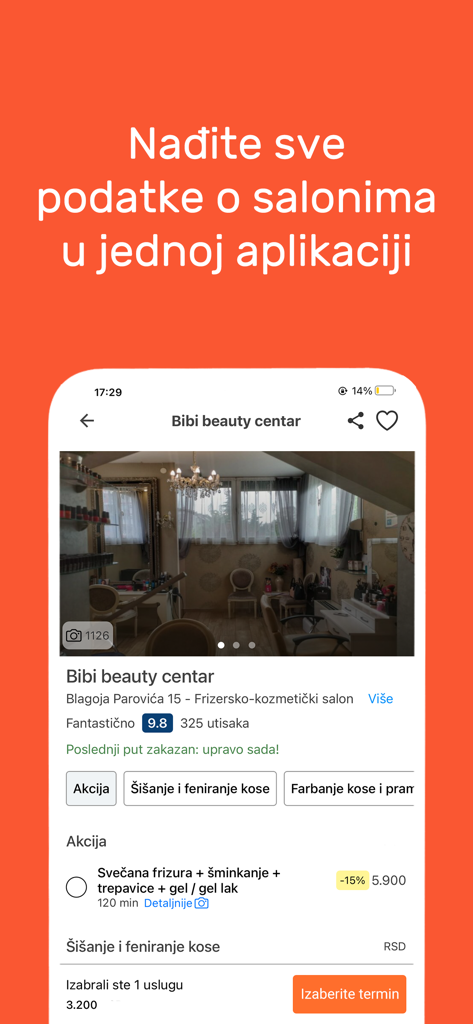 Oberfläche der SrediMe App mit Details eines Schönheits-Salons, einschließlich Fotos, Bewertungen und buchbarer Dienstleistungen.