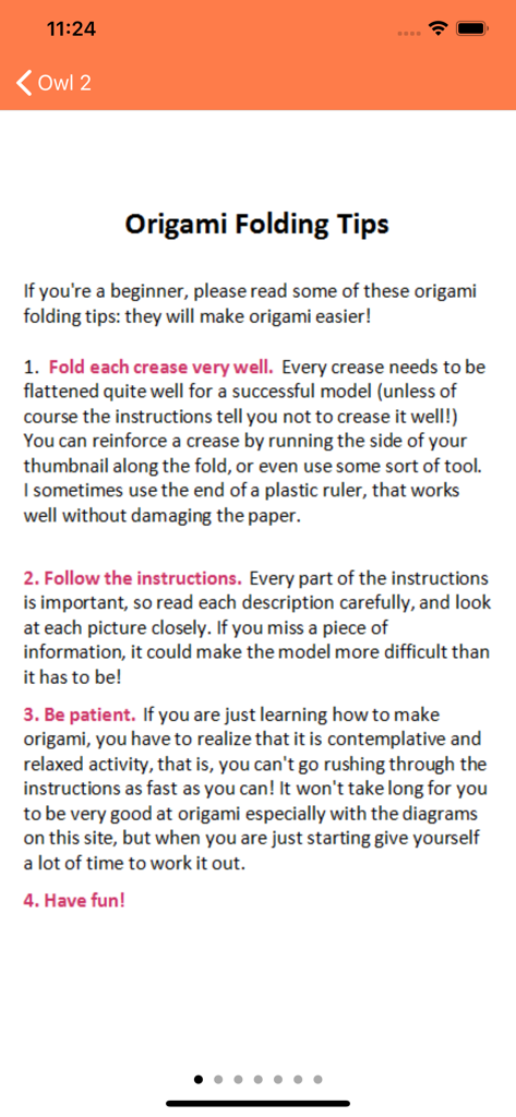 Una pantalla de la app Origami Fun proporcionando consejos de doblado para principiantes