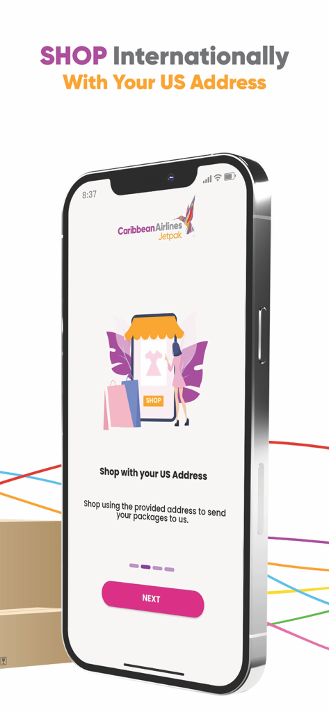 Caribbean Jetpak - A smartphone showing the Caribbean Jetpak app screen with the headline Shop Internationally With Your US Address.