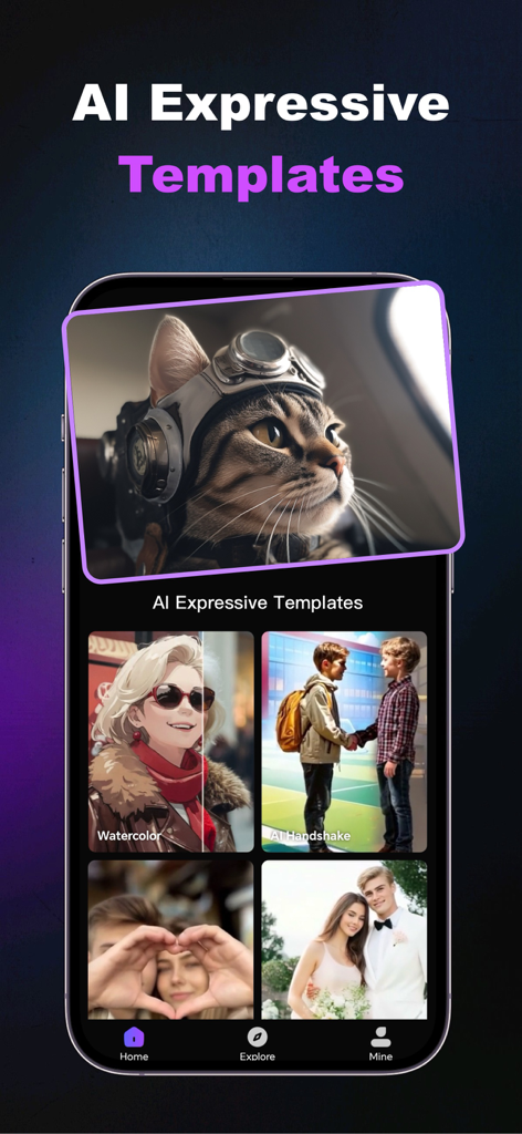 Phant AI: AI Video Maker - Smartphone screen of Phant AI app displaying a library of AI expressive templates including artistic filters and animation styles.