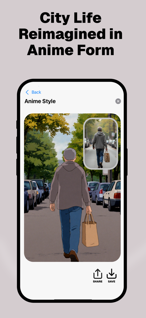 Anime Photo Filter  - Anime.ai - Comparação de antes e depois de um homem andando em uma cidade transformado em arte estilo anime.