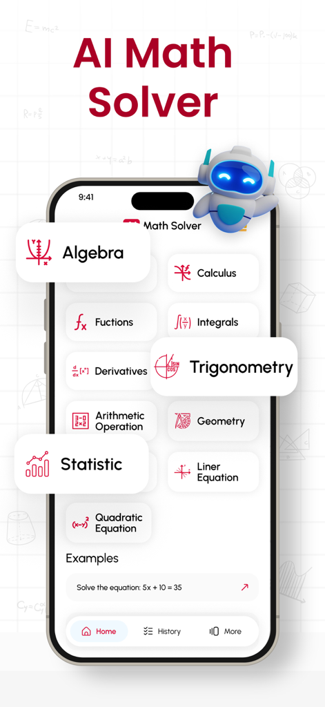 Math AI - Solve Math Problems - Interfaz de la aplicación Math AI Solver mostrando diferentes categorías matemáticas, incluyendo álgebra, cálculo y trigonometría en la pantalla de un smartphone