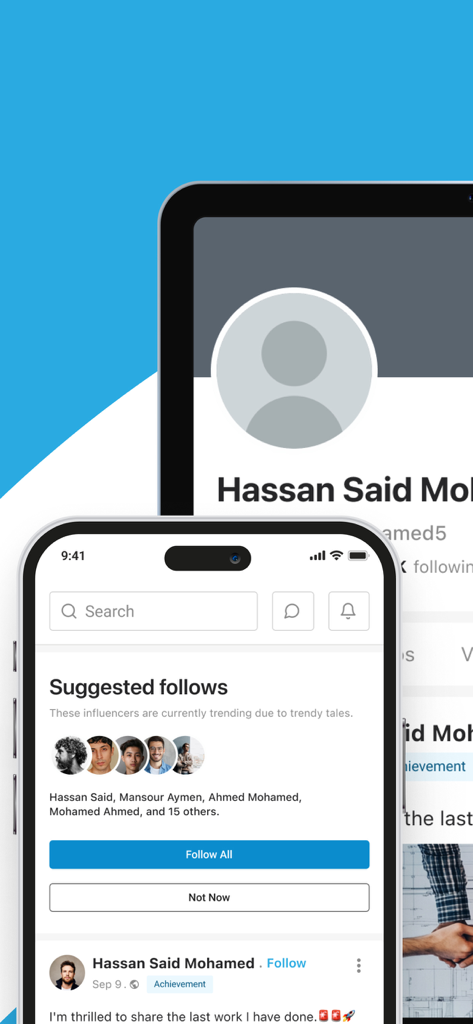 Hawadeet - Mobile interface of the Hawadeet social networking app showing suggested follows and a user story feed