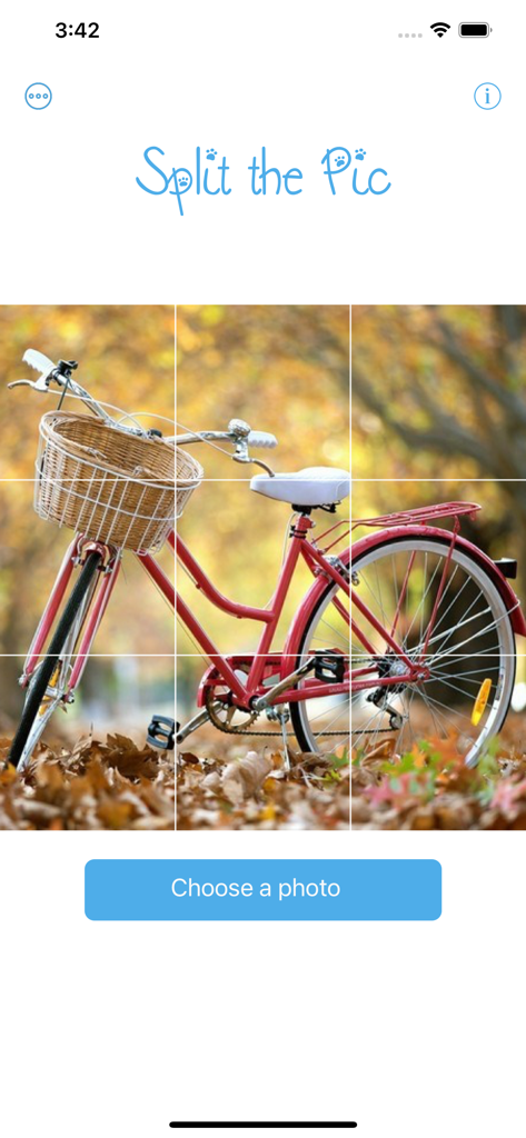 Interfaz de la aplicación Split the Pic que muestra una cuadrícula de fotos de 3x3 de una bicicleta antigua sobre hojas de otoño