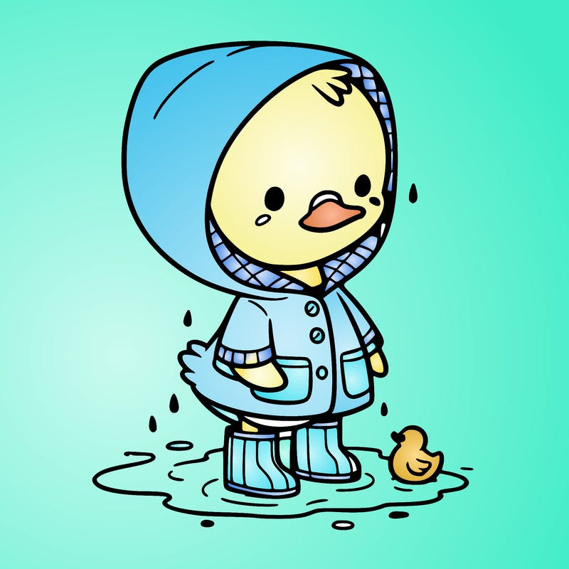 baby duck in a rain coat and boots, in a puddle while it’s raining