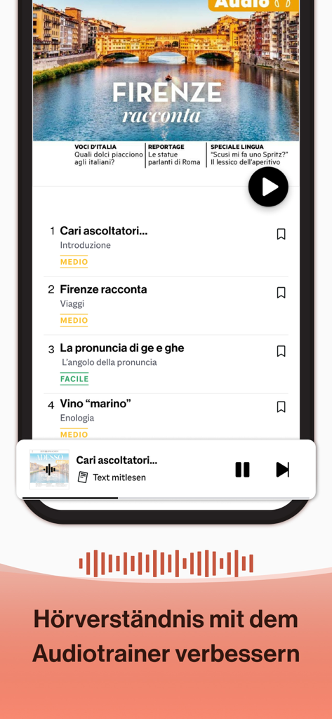 Adessoイタリア語学習アプリのインターフェース。イタリア語リスニングレッスンのリストが表示された音声トレーナー機能。