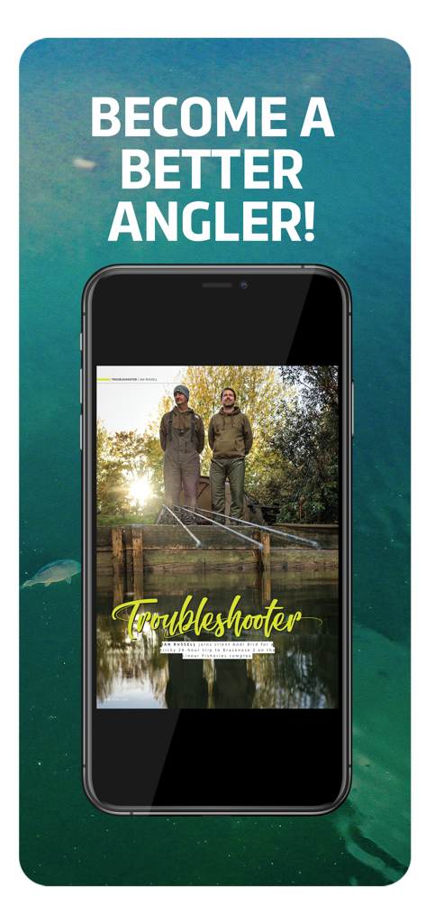 Total Carp - Smartphone displaying Total Carp digital magazine with professional fishing tips and the text Become a Better Angler