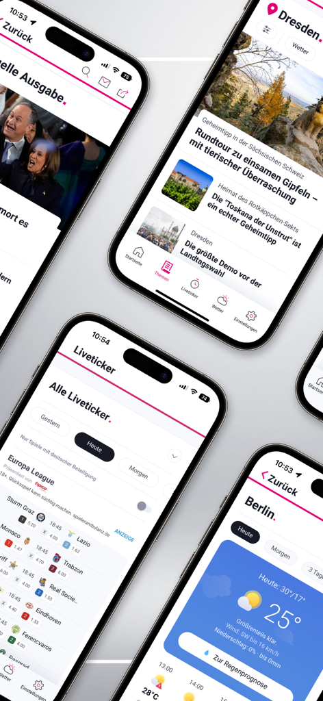 t-online Nachrichten - Plusieurs écrans d'iPhone affichant l'application t-online Nachrichten présentant les titres de l'actualité, les résultats sportifs et les bulletins météo.
