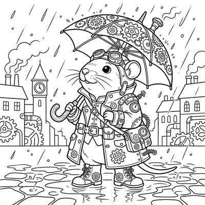 Step into a world where tiny creatures embrace industrial fantasy with this unique Steampunk Vole coloring page. Watch as a charming vole navigates a rainy day, complete with intricate gear-laden umbrella and boots, ready for your artistic touch.