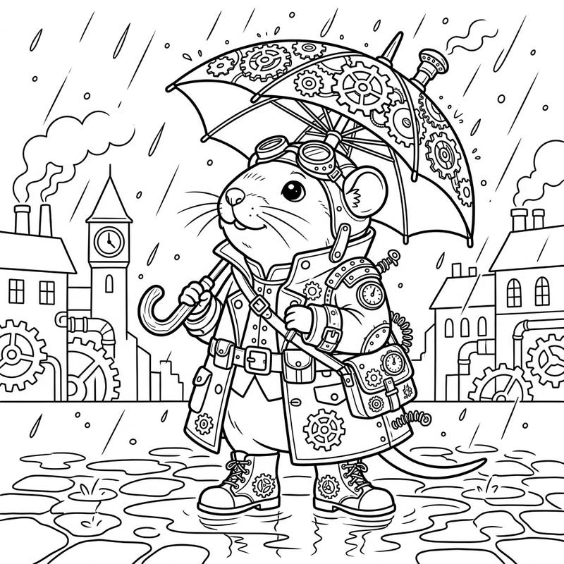 Step into a world where tiny creatures embrace industrial fantasy with this unique Steampunk Vole coloring page. Watch as a charming vole navigates a rainy day, complete with intricate gear-laden umbrella and boots, ready for your artistic touch.
