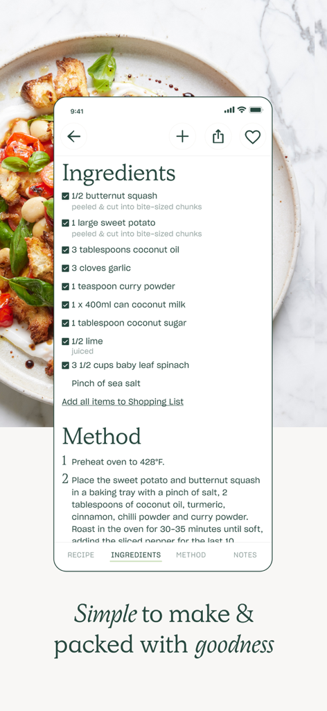 A detailed view of the ingredients list and cooking method for a plant-based recipe within the Deliciously Ella Feel Better app interface.