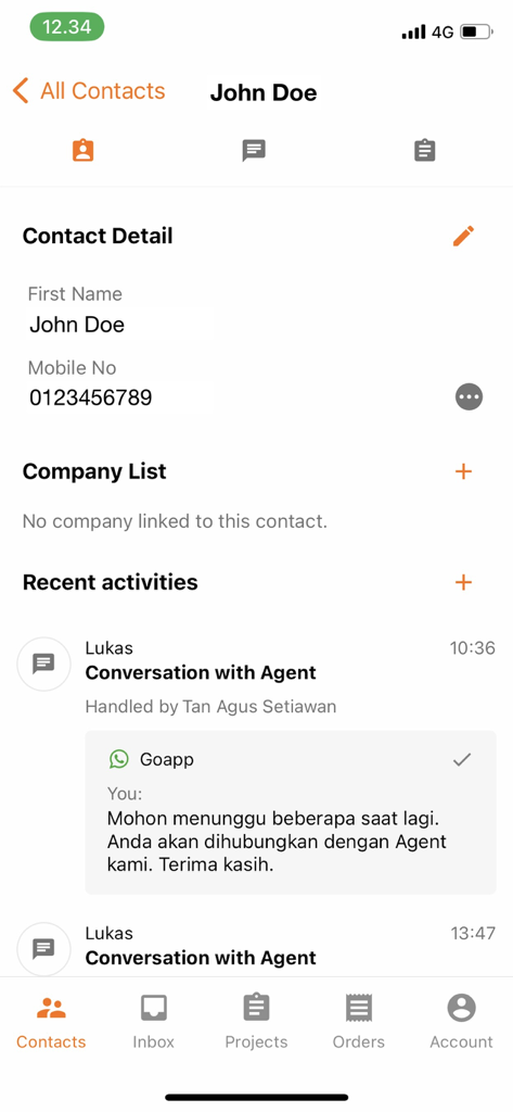 Goapp Mobile - Goapp Mobile interface displaying detailed customer contact information and interaction history