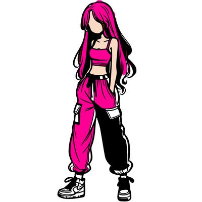 girl in baggy pants crop top and long hair