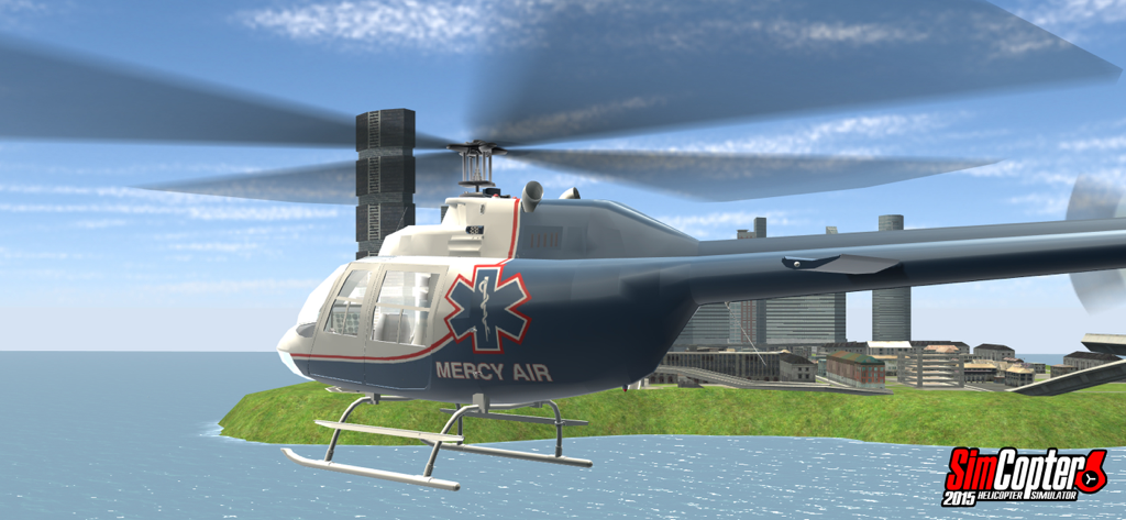 Helicopter Simulator 2015 - Helicóptero de rescate Mercy Air volando sobre una ciudad en Helicopter Simulator 2015