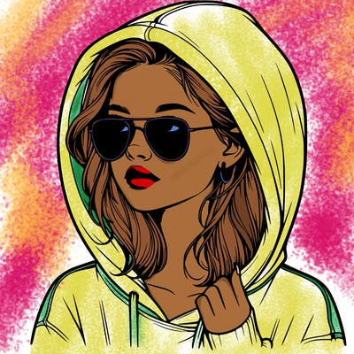 realistic teenage girl, wearing a hoodie and sunglasses