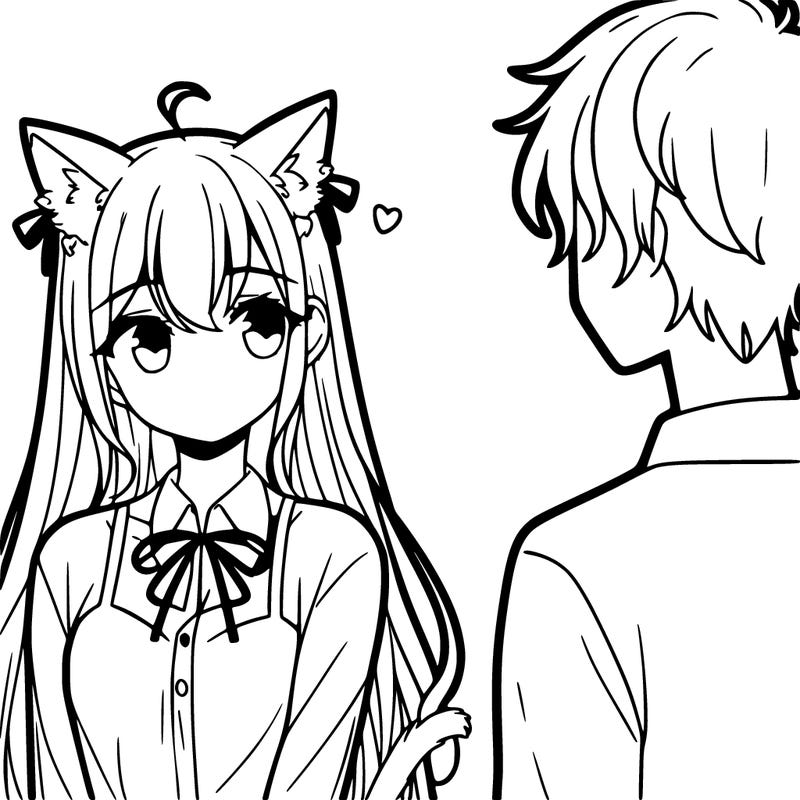 a girl with long hair, cat ears and tail looking at a guy with short hair