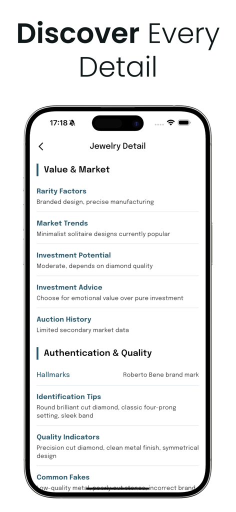 Jewelry - Antique Identifier - Una interfaz de aplicación móvil que muestra información detallada de joyería, incluyendo valor, tendencias del mercado e indicadores de calidad de autenticación