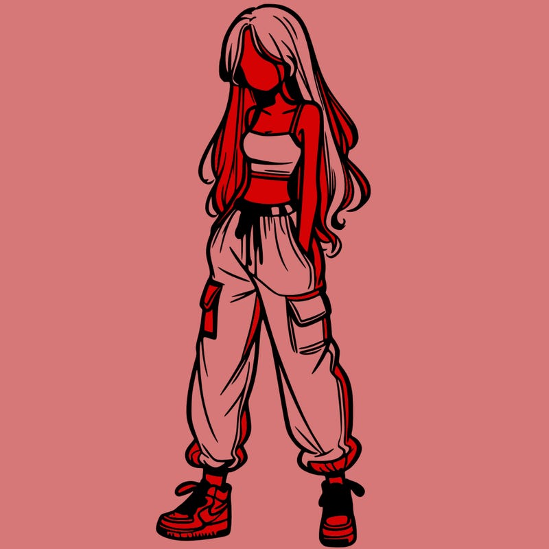 girl in baggy pants crop top and long hair