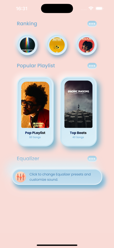 Flat Equalizer FX-Bass Booster - Interface of Flat Equalizer FX app displaying music playlists and an equalizer section
