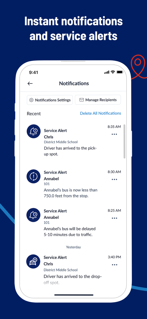 First View - First View app notifications screen showing real-time school bus service alerts and student arrival status