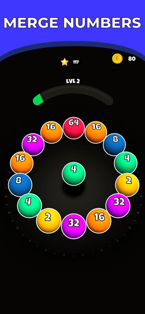 Roll Merge 3D - Number Puzzle - Gameplay screen of Roll Merge 3D showing colorful numbered balls arranged in a circle for merging