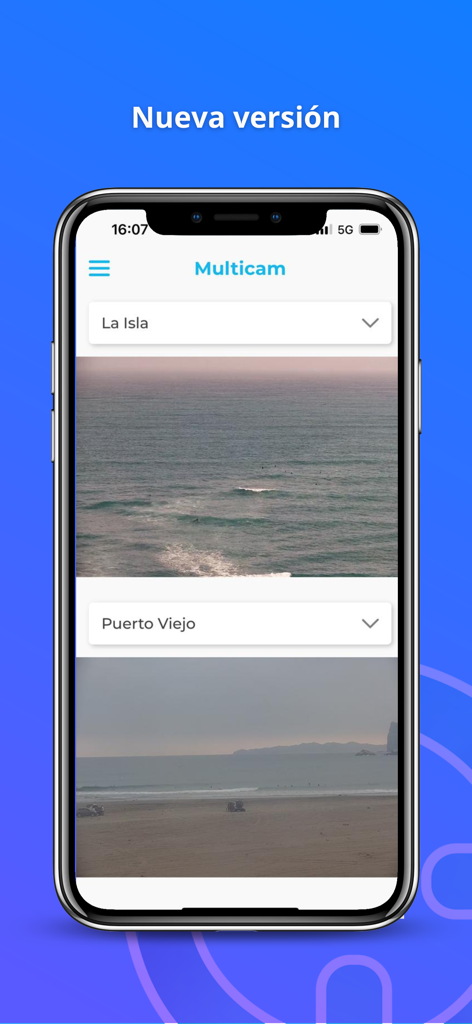 Mis Olas app multicam interface displaying real-time surf camera feeds for different beach locations