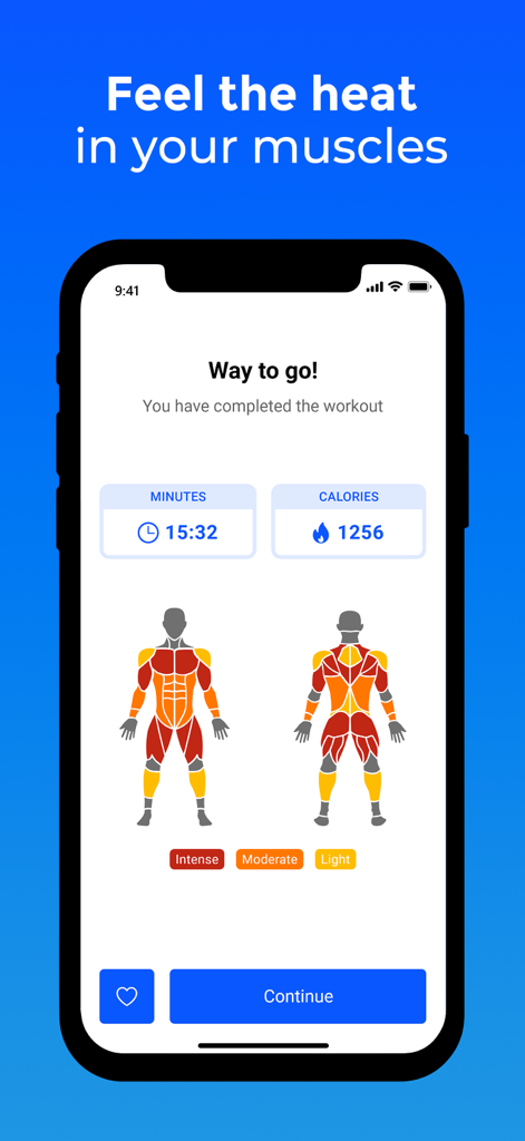 FizzUp - Workouts & Nutrition - FizzUp app workout completion screen showing duration, calories burned and a muscle activation heat map.
