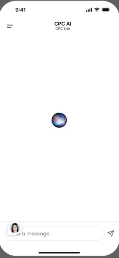 Interfaz de chat móvil limpia para la aplicación cpcchat con un icono central de orbe de IA brillante y un campo de entrada de mensajes.