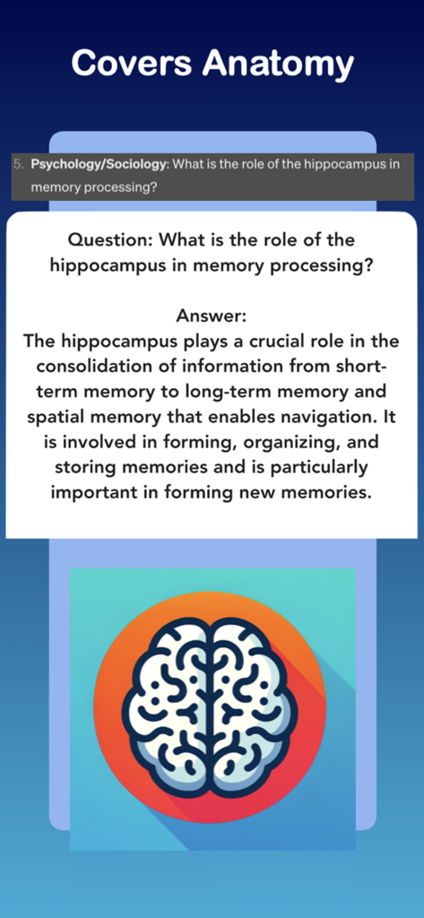 Medschool AI - Exam Prep - Medschool AI app interface showing a psychology question and detailed answer about the hippocampus.