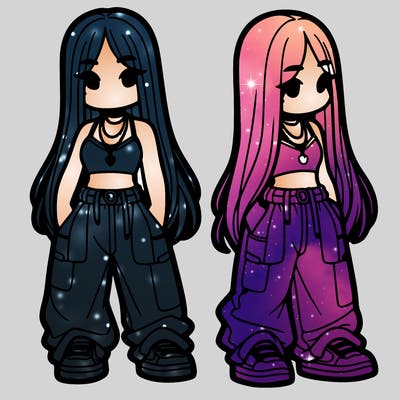 girl in baggy pants crop top and long hair