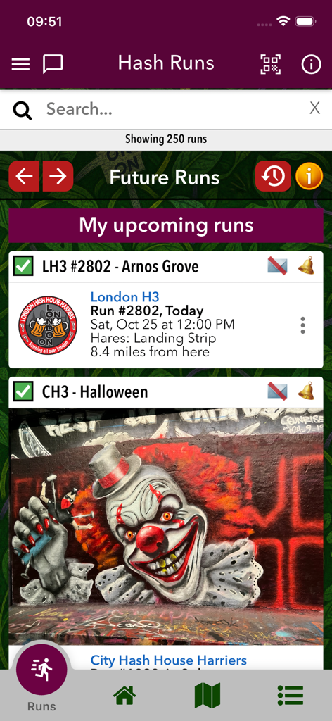 Harrier Central - Interface do aplicativo móvel Harrier Central mostrando uma lista de próximas corridas e eventos do Hash House Harrier.