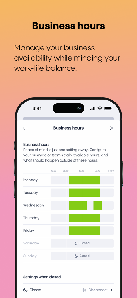 Rinkel - Interface showing how to manage business hours and availability in the Rinkel app