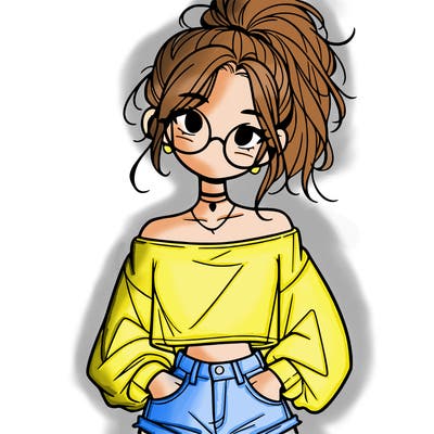 girl with a messy ponytail glasses a baggy crop top and jean shorts