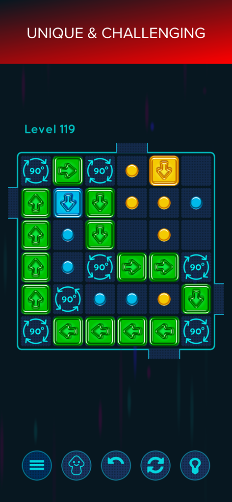 Minimalist logic puzzle grid with colorful arrows and dots from ARROW Premium.