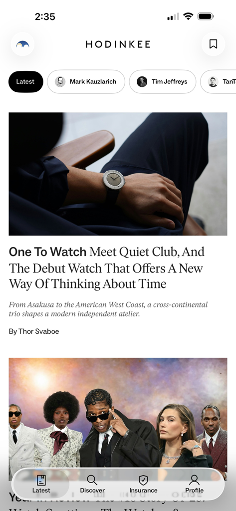 Hodinkee: All Things Watches - Interface da aplicação Hodinkee a mostrar as últimas notícias sobre relógios e artigos editoriais