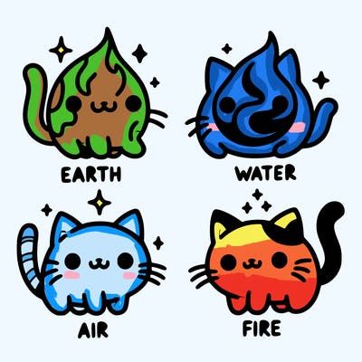 4 cats that represent the different elements, earth, water, air, and fire