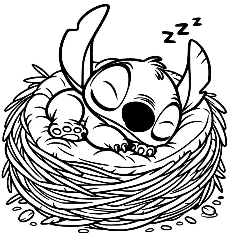 stitch sleeping in a nest